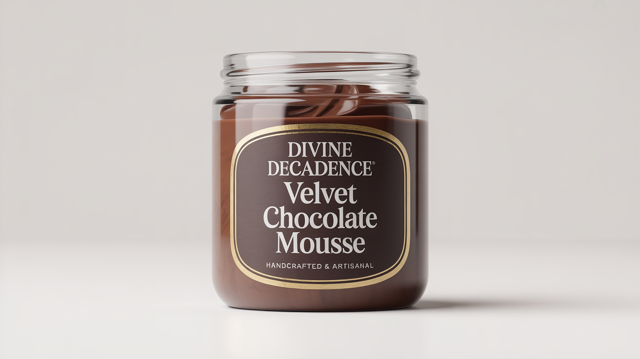A luxurious dessert label mockup showing a glass jar of chocolate mousse with a sophisticated brown and gold foil label that reads 'Divine Decadence Velvet Chocolate Mousse'.