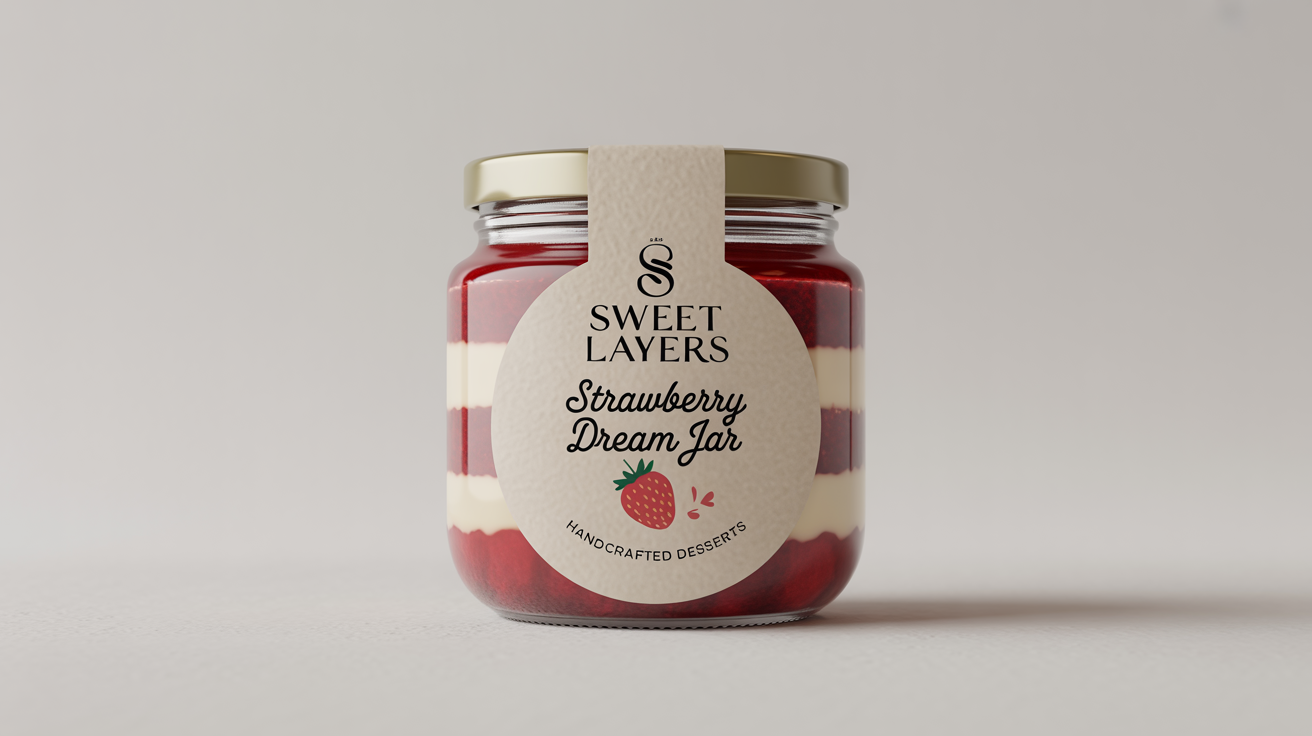 A professional mockup of a dessert label for 'Sweet Layers Strawberry Dream Jar' on a glass jar of layered cheesecake, against a plain white background.