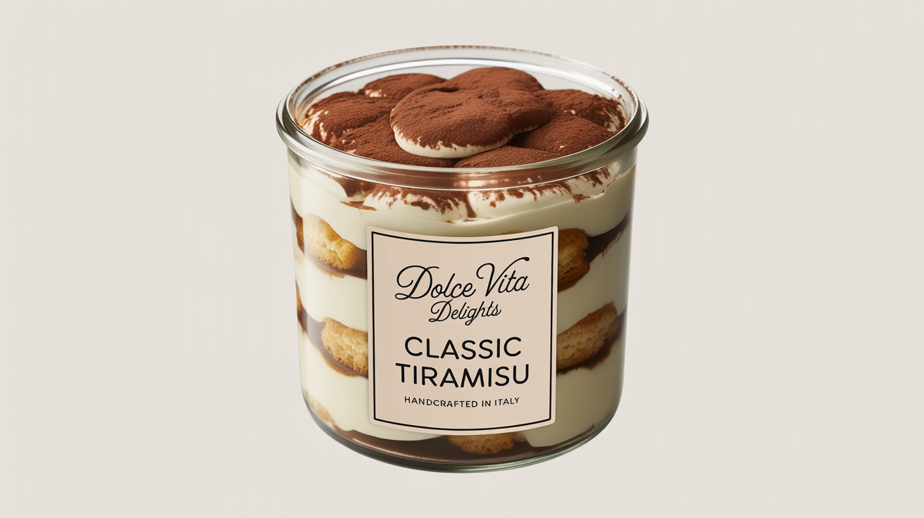 A product mockup of a glass jar of tiramisu featuring a custom-designed 'Dolce Vita Delights' dessert label, presented against a clean white background.