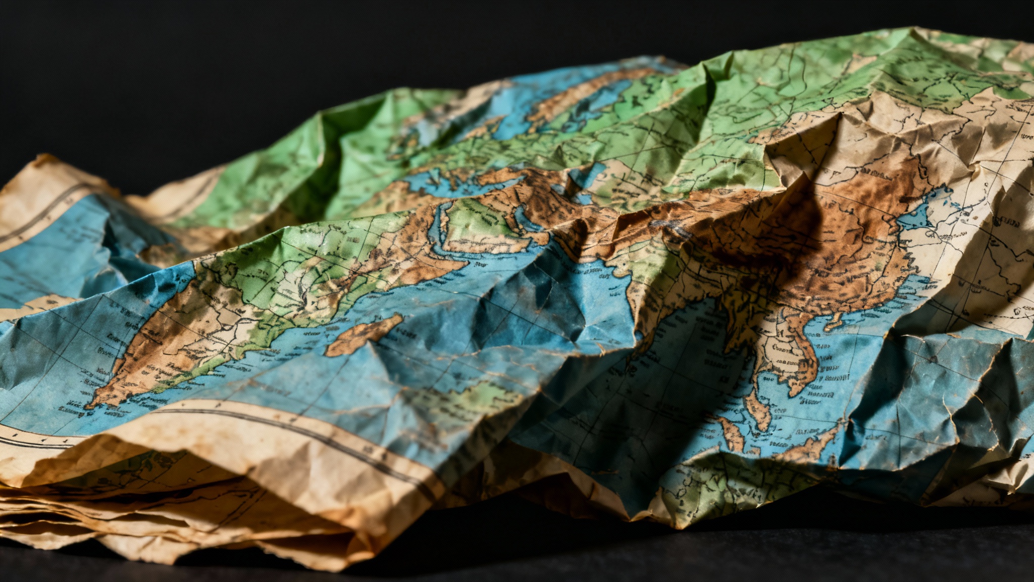 A hyper-realistic, high-quality hero image showing a close-up of a crumpled map. The intricate folds, creases, and aged texture are highlighted by dramatic lighting, creating a rich and detailed visual.