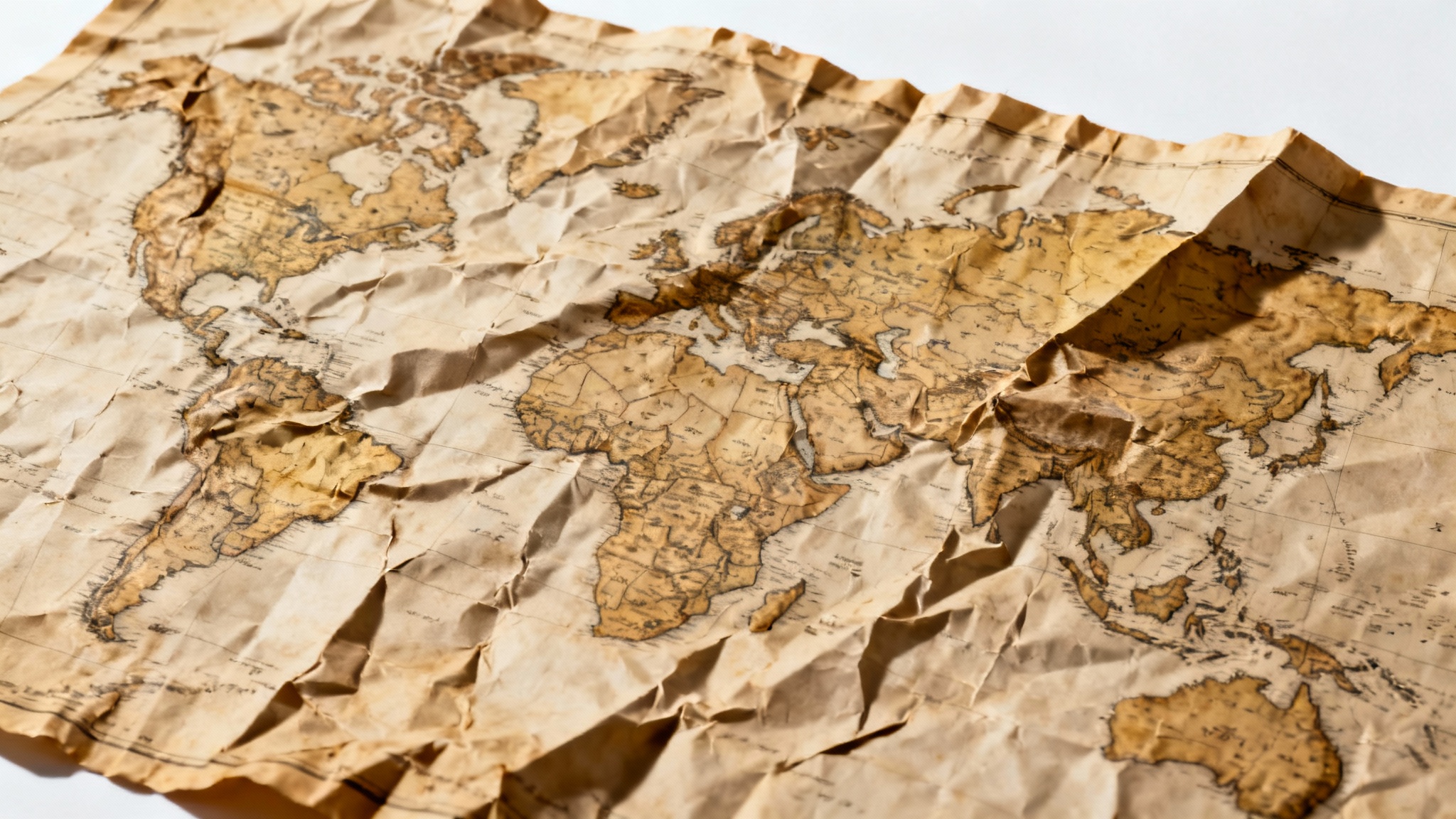 A close-up, detailed texture of a crumpled vintage map with sepia tones, showing deep folds and creases on a clean white background.