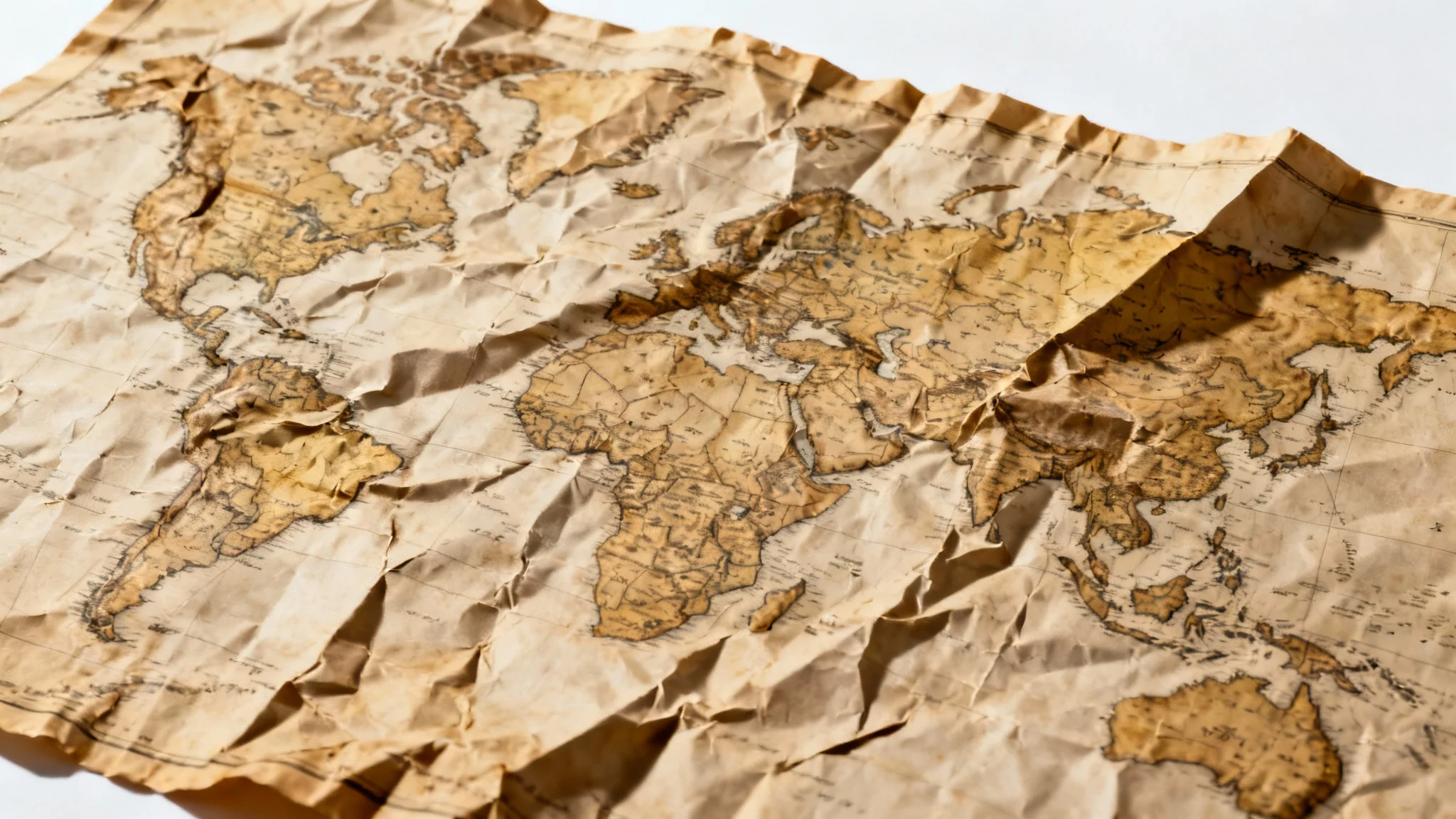 A close-up, detailed texture of a crumpled vintage map with sepia tones, showing deep folds and creases on a clean white background.