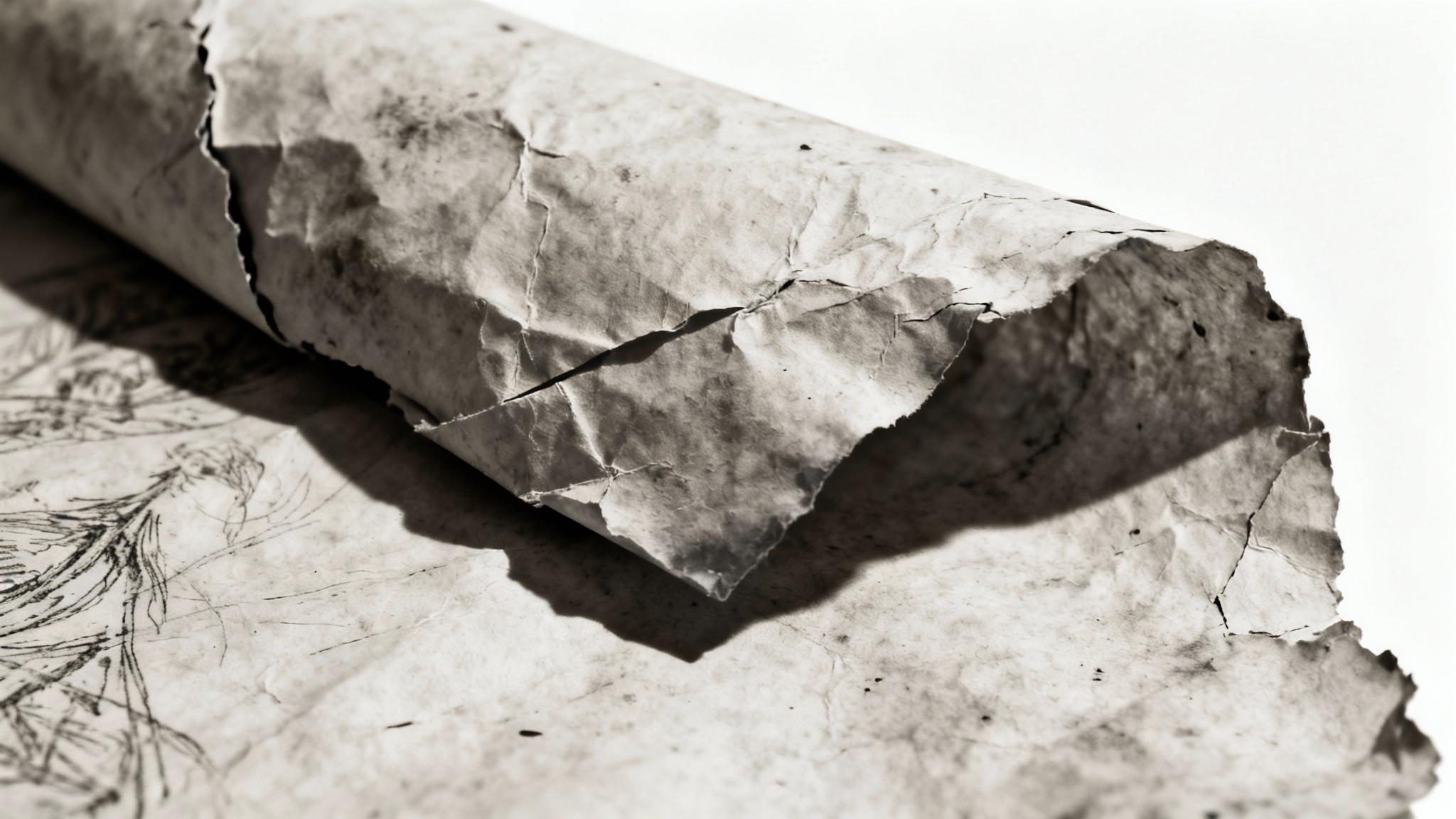 A detailed close-up of a crumpled and aged map, focusing on the deep creases and textured parchment paper against a solid white background.