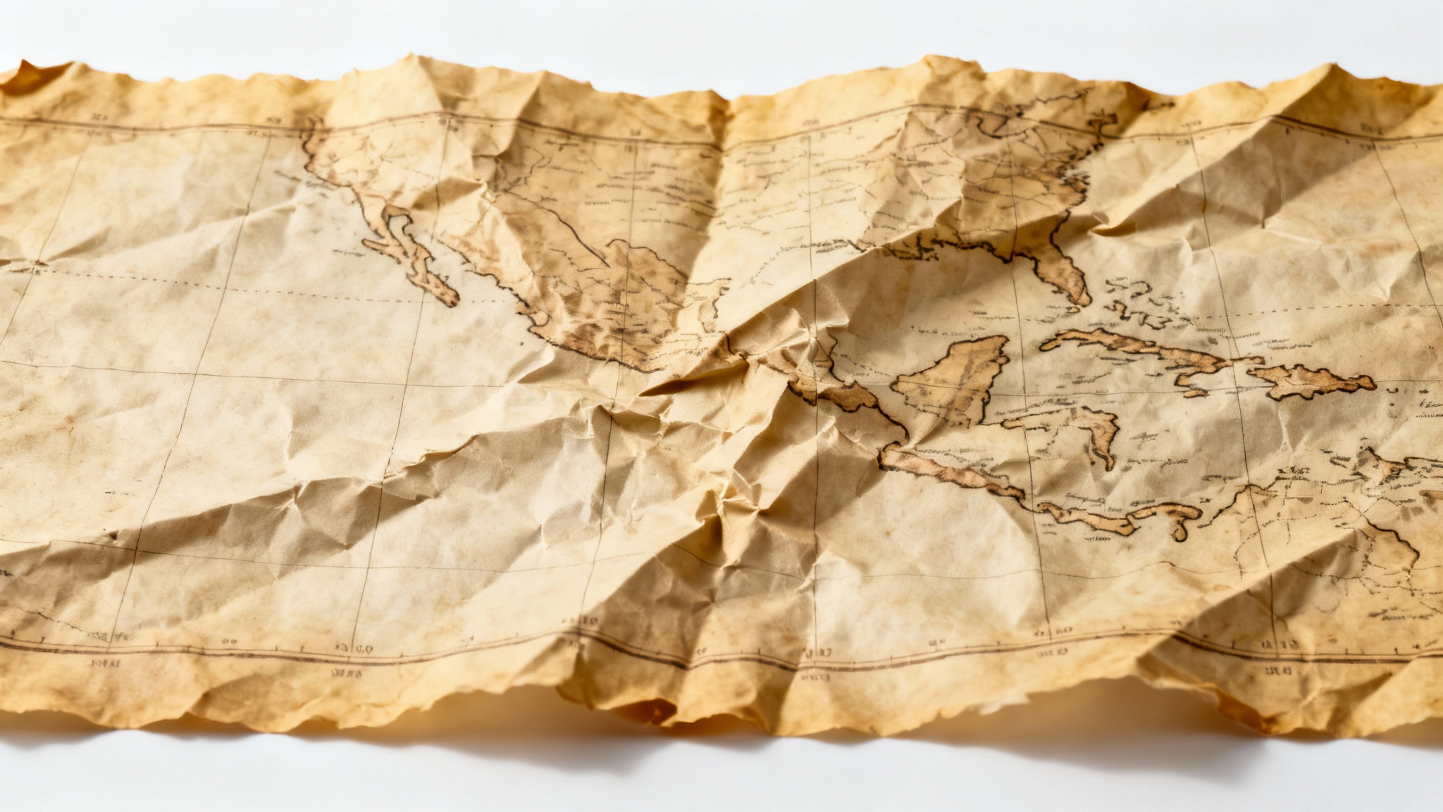 A detailed, close-up image of a crumpled map texture, showing the deep folds and aged, yellowed paper against a plain white background.