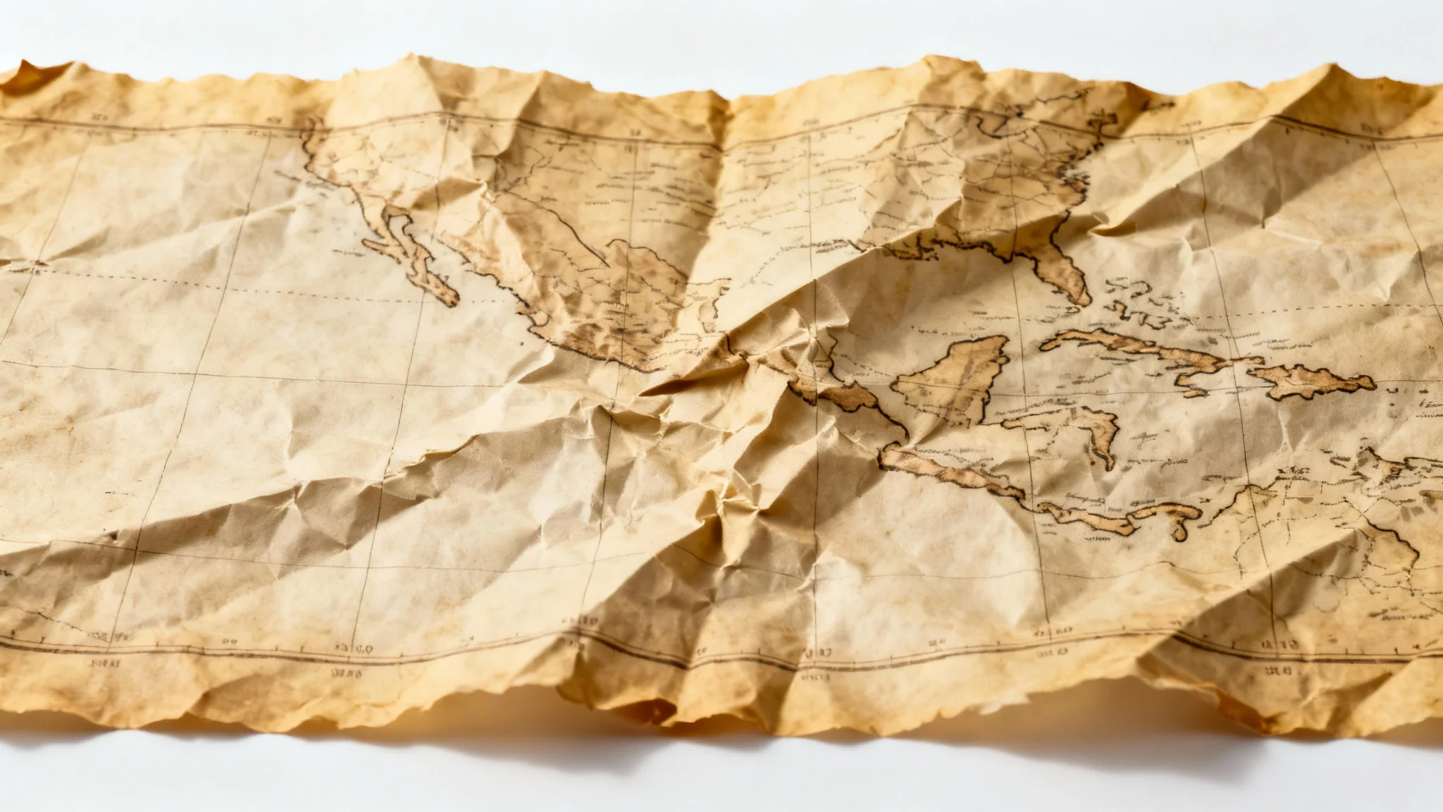 A detailed, close-up image of a crumpled map texture, showing the deep folds and aged, yellowed paper against a plain white background.