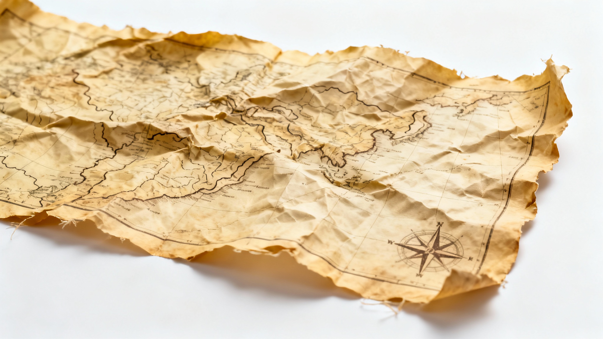 A close-up photo of a crumpled vintage map texture, showing its deep creases and yellowed parchment paper against a clean white background.