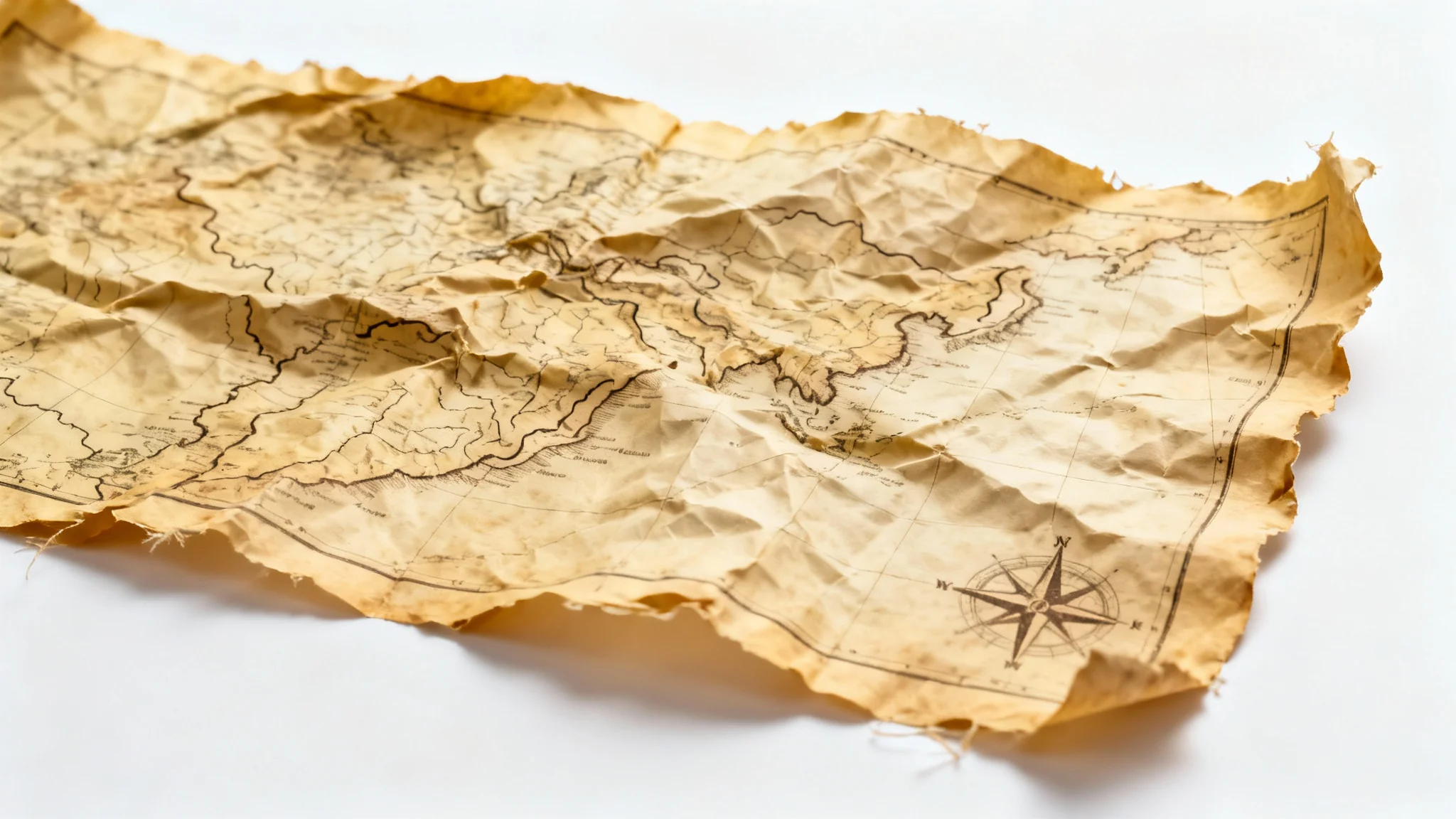 A close-up photo of a crumpled vintage map texture, showing its deep creases and yellowed parchment paper against a clean white background.