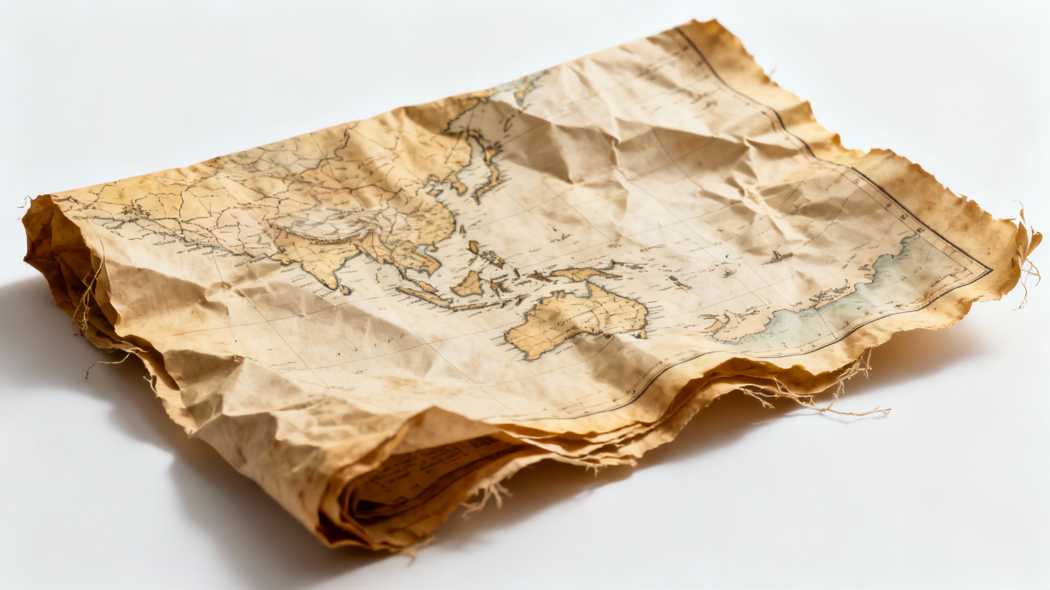A photorealistic texture of a crumpled old map, showing its deep creases, aged parchment paper, and faint cartographic details against a clean white background.