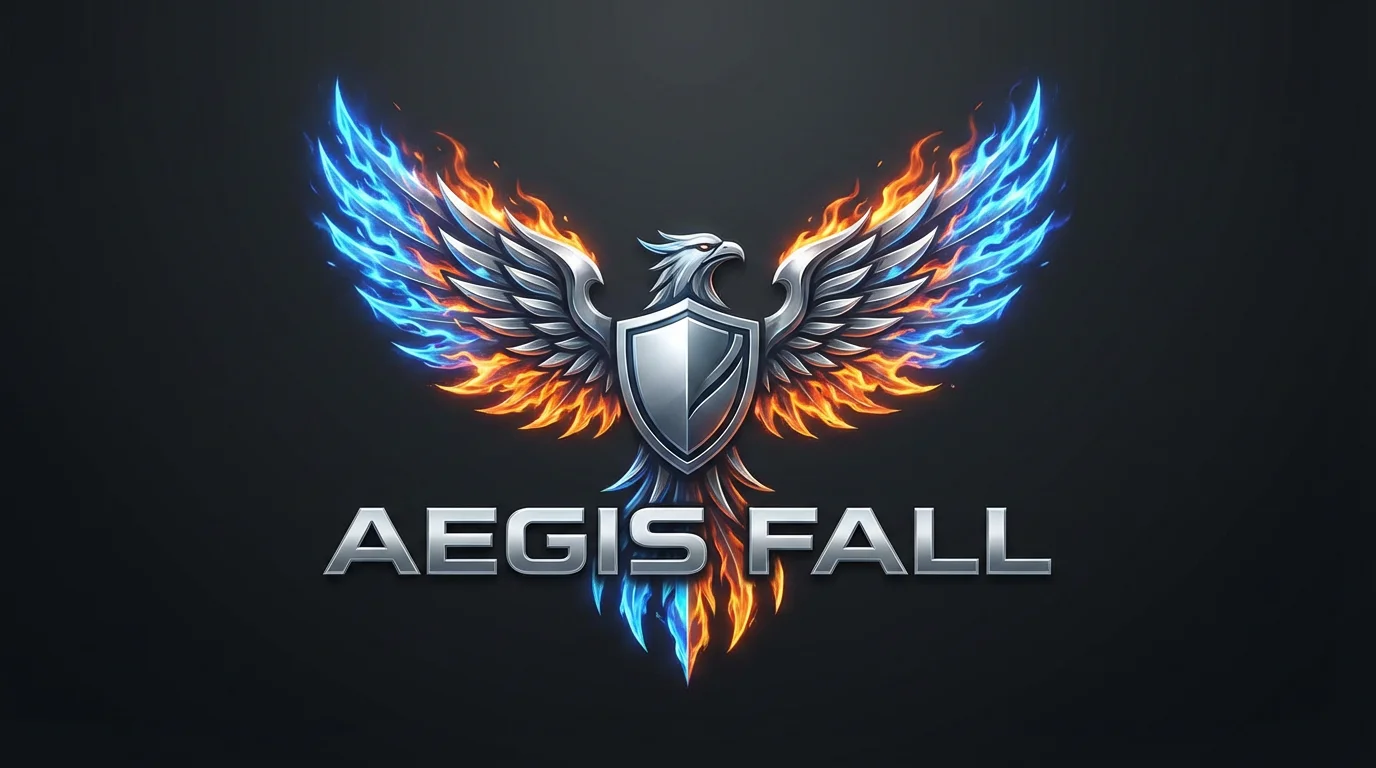 A professional logo for a fictional battle royale game named 'AEGIS FALL', featuring a metallic phoenix with blue and orange flaming wings, set against a dark background.