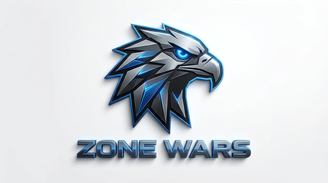 A modern esports logo for a battle royale game, featuring a stylized eagle's head in blue and gray. The text 'ZONE WARS' is written below in a futuristic font. The logo is displayed on a clean white background.
