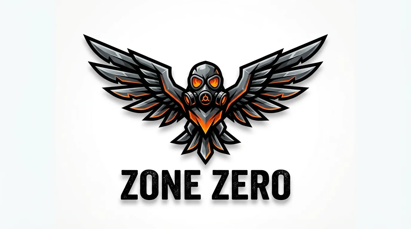 A modern logo for a battle royale game called 'ZONE ZERO', featuring a stylized eagle with a gas mask on a clean white background.