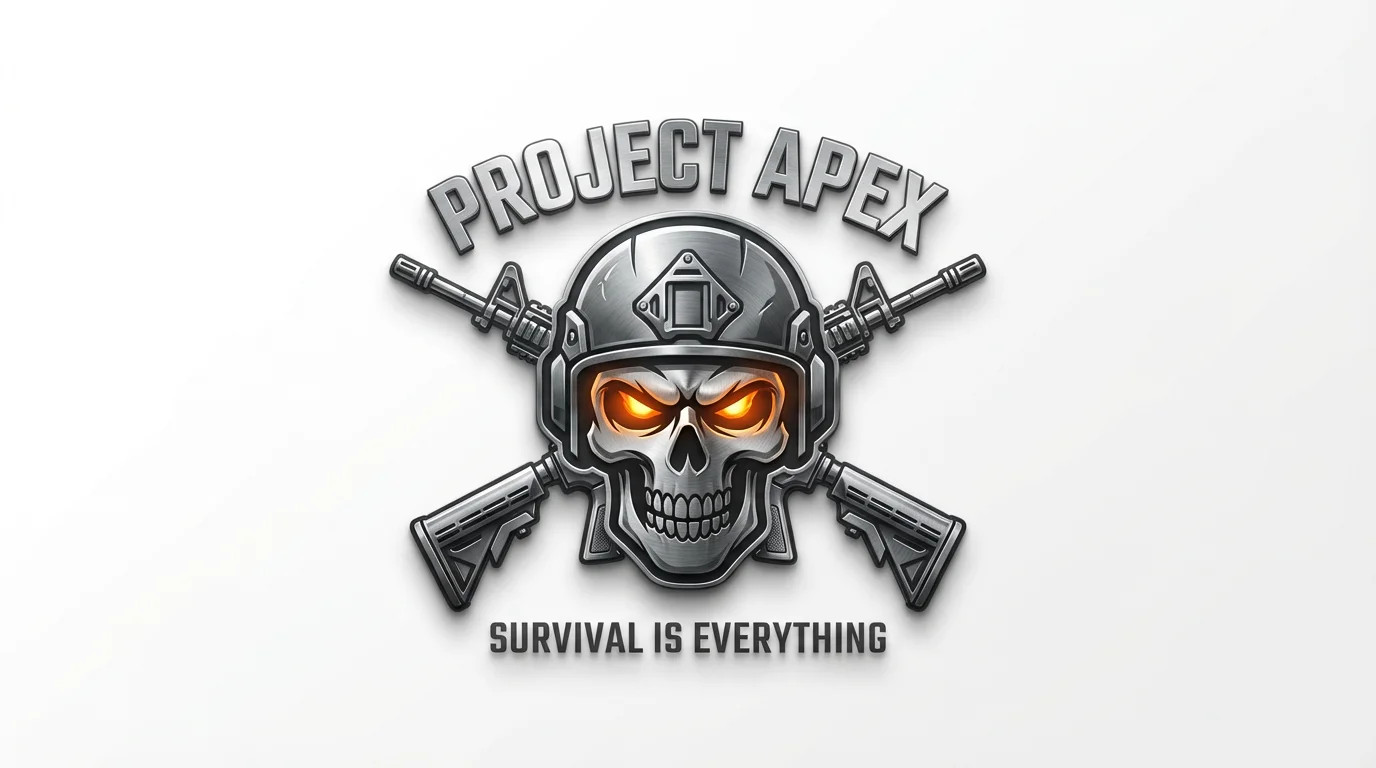 A professionally designed logo for a fictional battle royale game, 'Project Apex'. The emblem features a skull in a combat helmet with glowing orange eyes, set against crossed rifles on a clean white background.