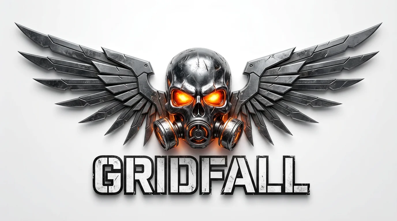A logo mockup for a battle royale game named 'GRIDFALL' on a white background. The logo features a menacing gas mask skull made of dark chrome with glowing orange eyes, flanked by large metallic wings.