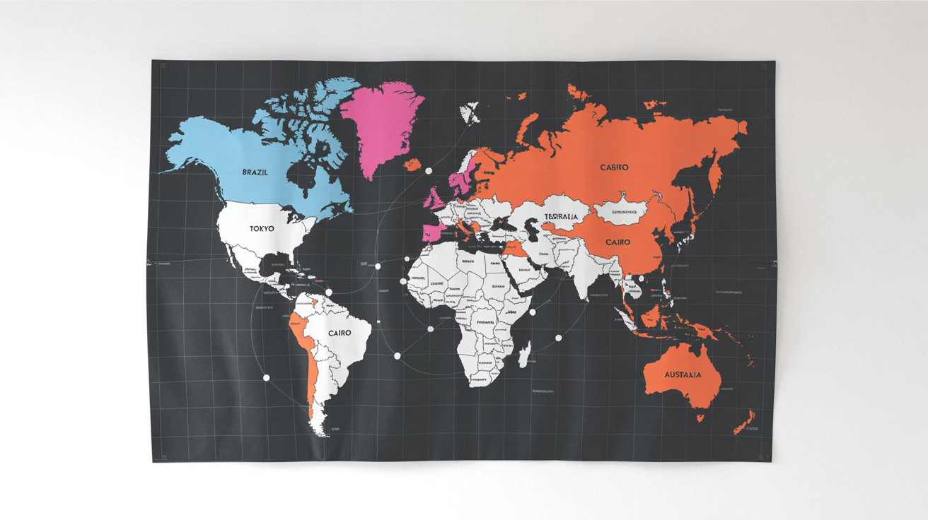 A sleek, modern world map on a dark background, showcasing the final result of a map labeling tool. Continents are brightly colored, and major countries and cities are clearly labeled with clean white text.