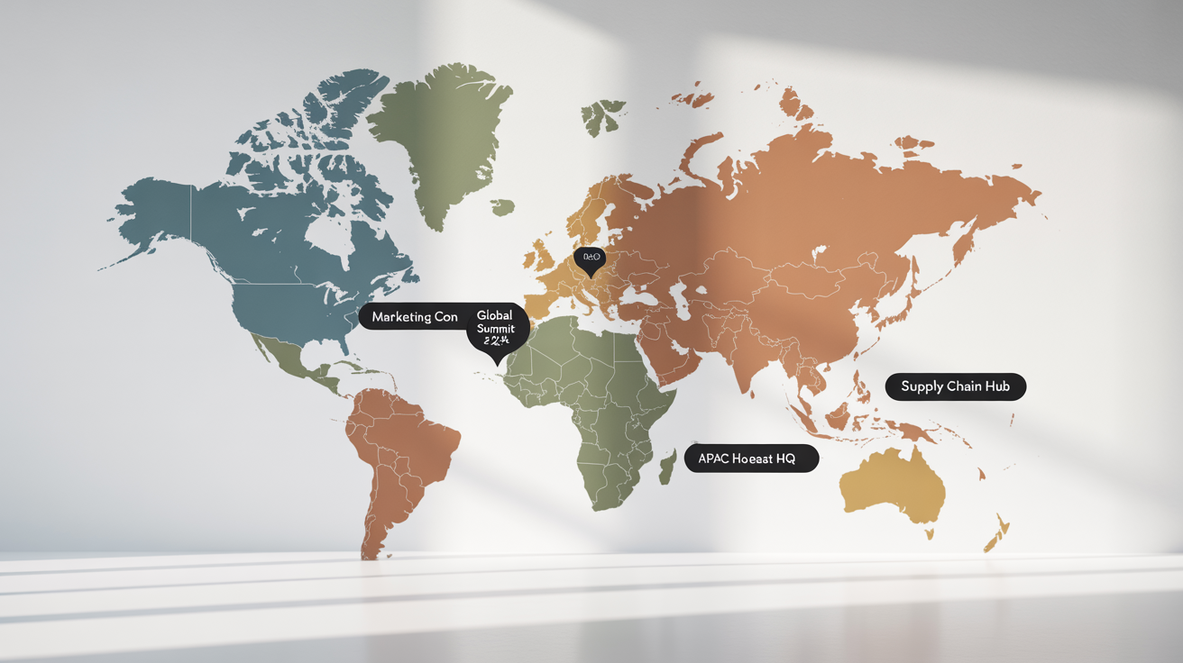 A stylized world map on a white background, featuring custom labels for different locations, such as 'Global Summit '24' and 'APAC HQ', demonstrating the ability to add custom information to a map.