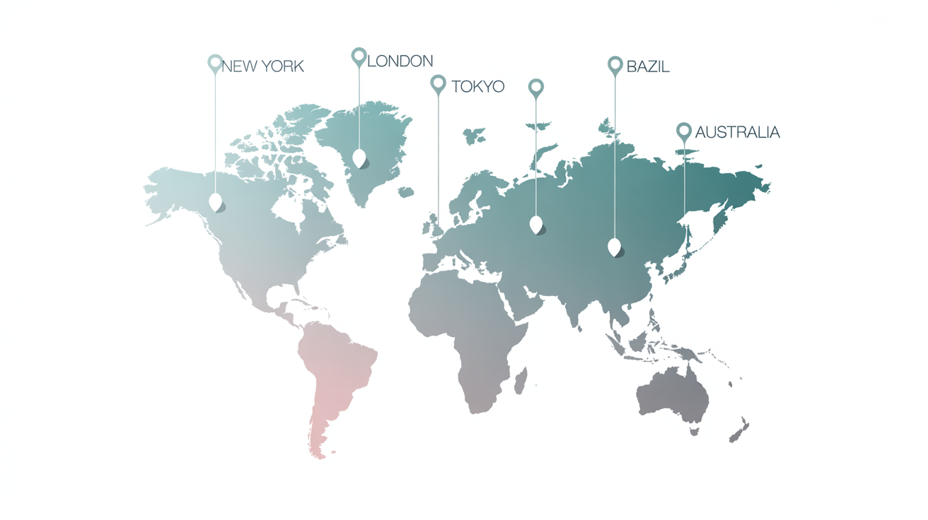 A stylized world map mockup on a white background, featuring location pins and legible labels for major cities and countries like 'New York' and 'London'.