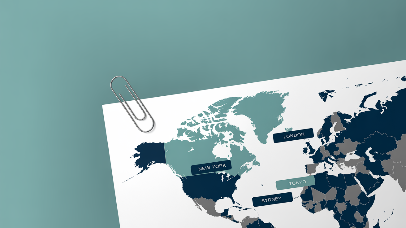 A modern, stylized world map on a white background, featuring custom labels pointing to major cities like New York, London, Tokyo, and Sydney.
