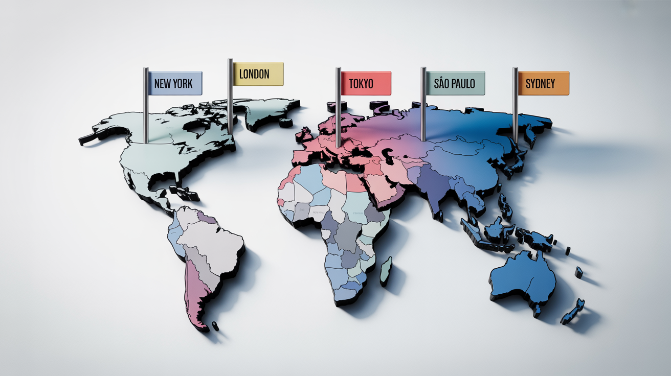 A stylized world map on a white background with colorful pins and labels indicating major cities like New York, London, and Tokyo, showcasing a map labeling feature.