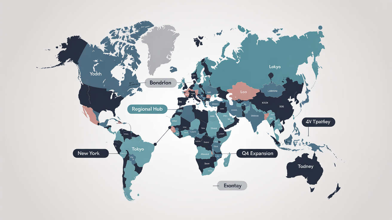 A stylized, modern world map on a white background, featuring custom, legible labels and pins pointing to major cities and regions like 'New York', 'London', and 'Tokyo'.