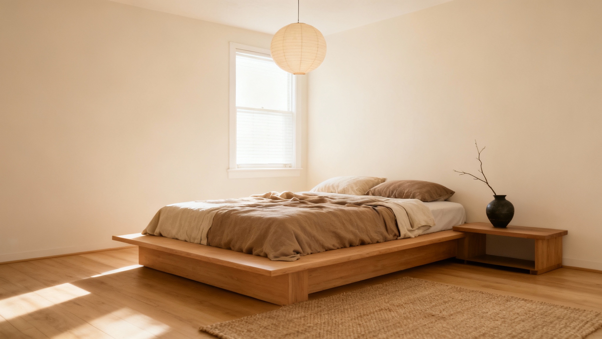 A photorealistic rendering of a bedroom redesigned in a minimalist Japandi style, featuring a low wooden bed, natural textures, and a calm, neutral color palette.