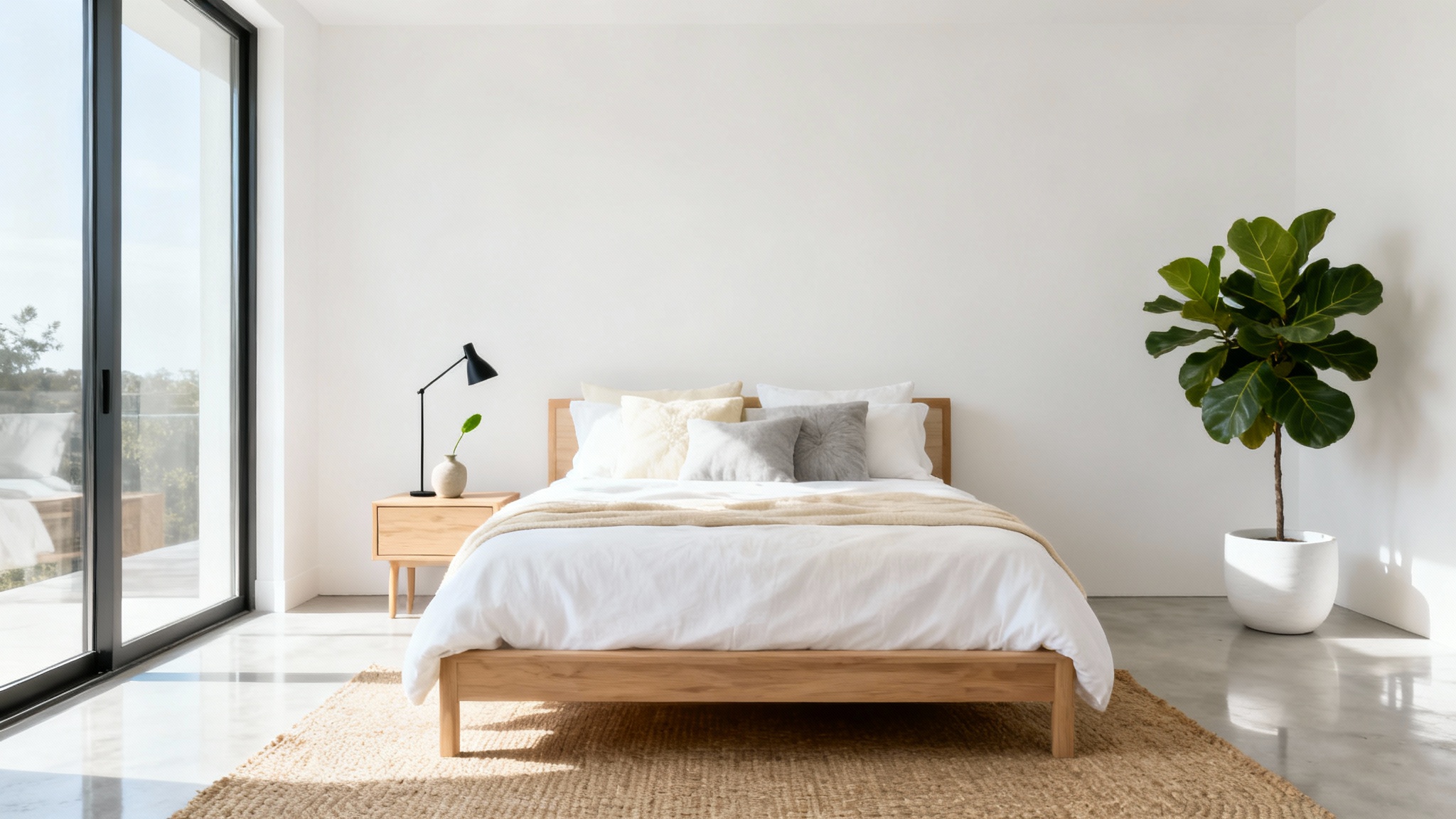 A photograph of a modern, minimalist bedroom design featuring a bed with white and beige linens, light wood furniture, a large window, and a potted plant, creating a calm and airy ambiance.