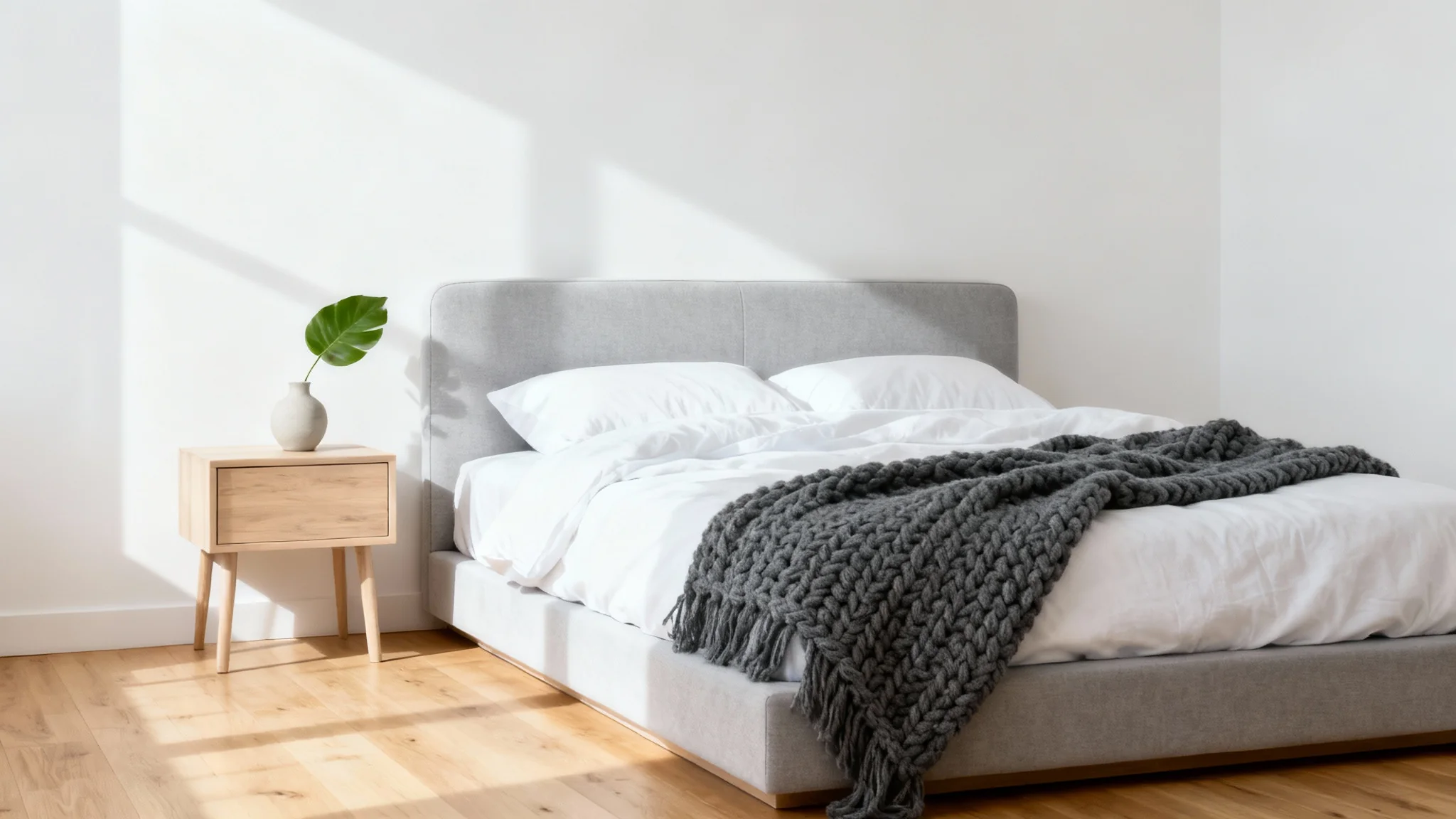 A photorealistic mockup of a modern, minimalist bedroom design with a grey and white color scheme, light wood floors, and bright, natural lighting.