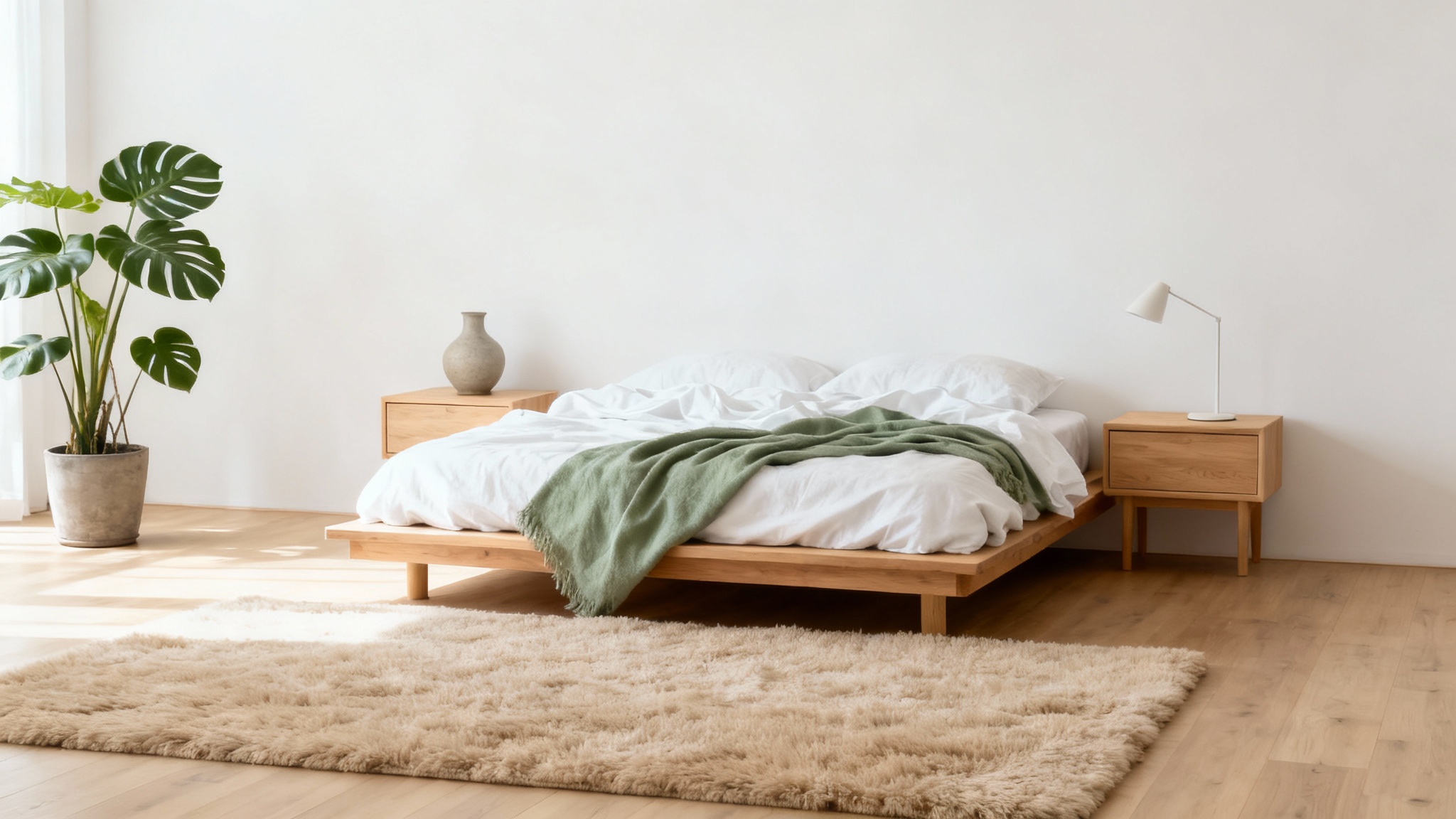 A beautifully designed modern bedroom with a low wooden bed, white bedding, natural light streaming from a large window, and a potted plant in the corner, creating a serene and calm atmosphere.