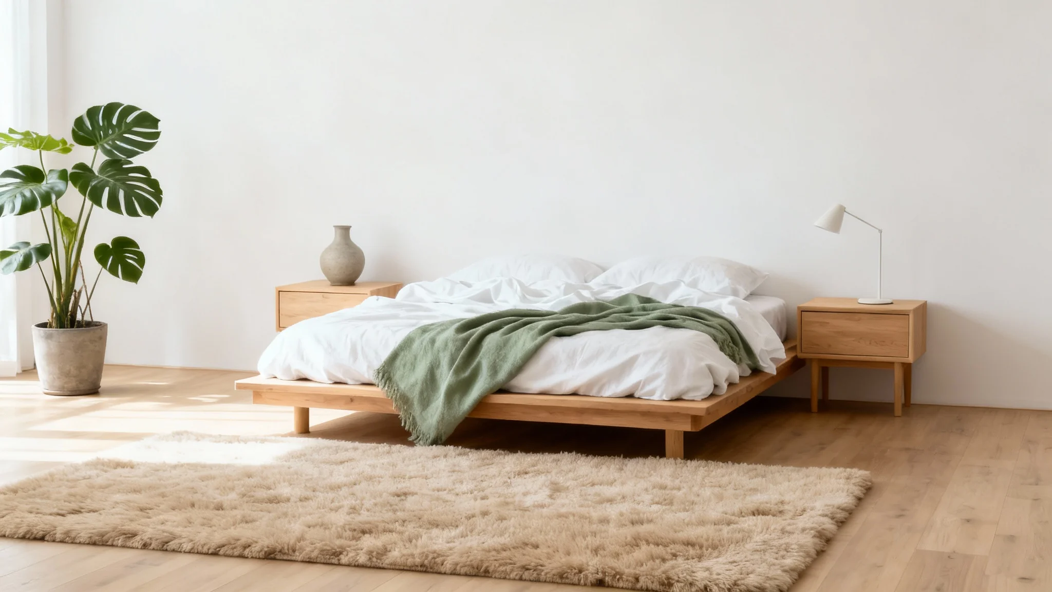 A beautifully designed modern bedroom with a low wooden bed, white bedding, natural light streaming from a large window, and a potted plant in the corner, creating a serene and calm atmosphere.