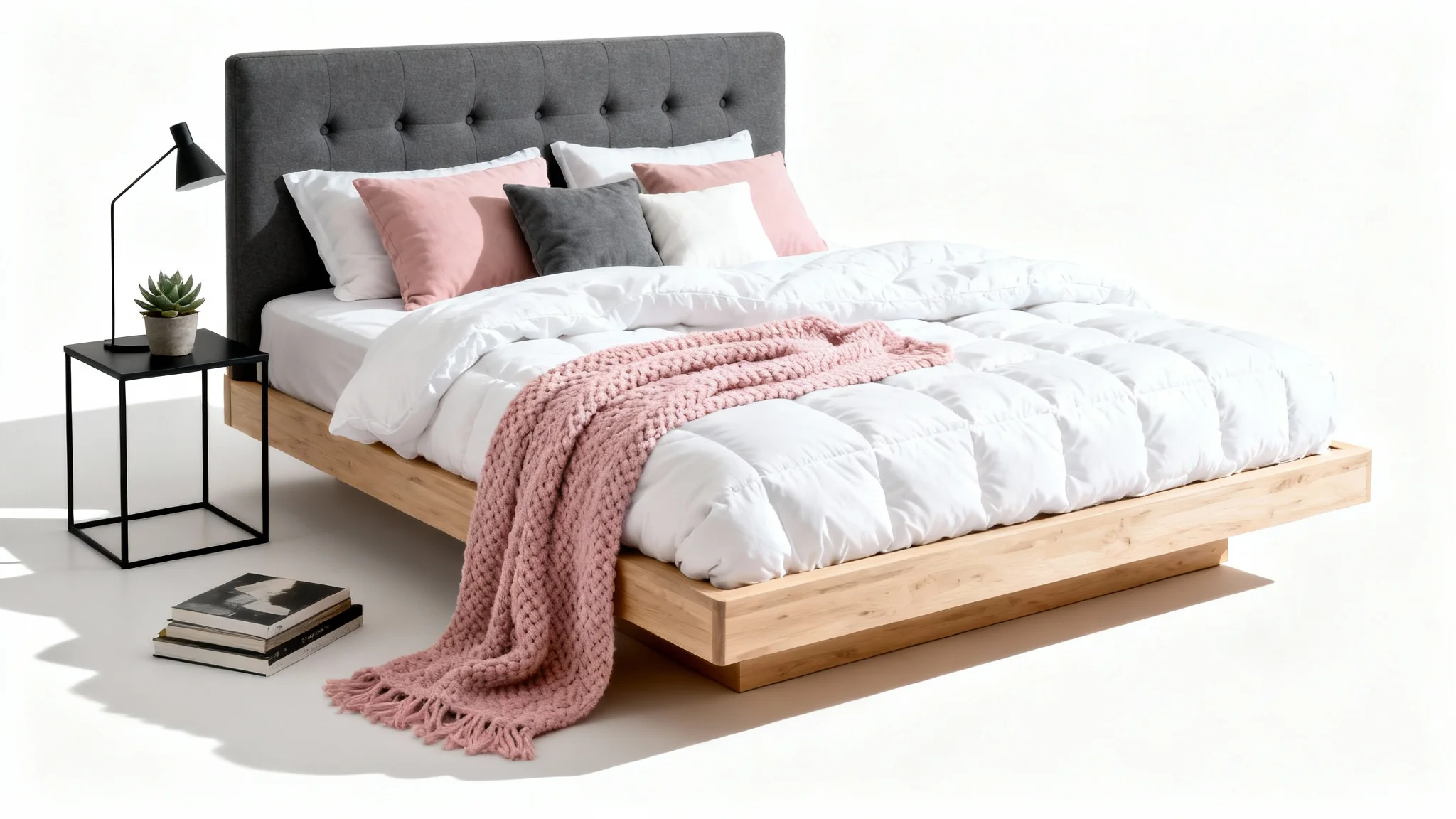 A modern and serene bedroom design mockup featuring a charcoal and oak bed with pink and grey accents, isolated against a clean white background.