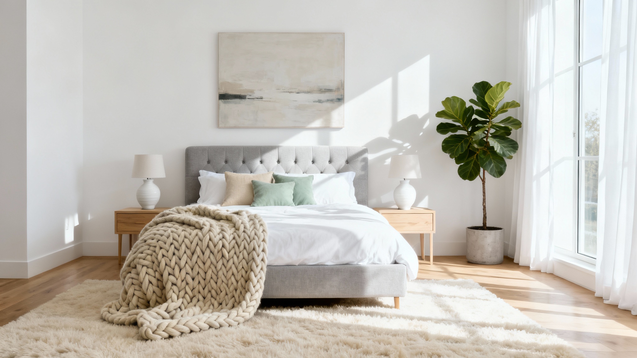 A photorealistic mockup of a serene and modern bedroom design, featuring a well-made bed with neutral-toned pillows, large windows with natural light, and minimalist furniture against clean white walls.