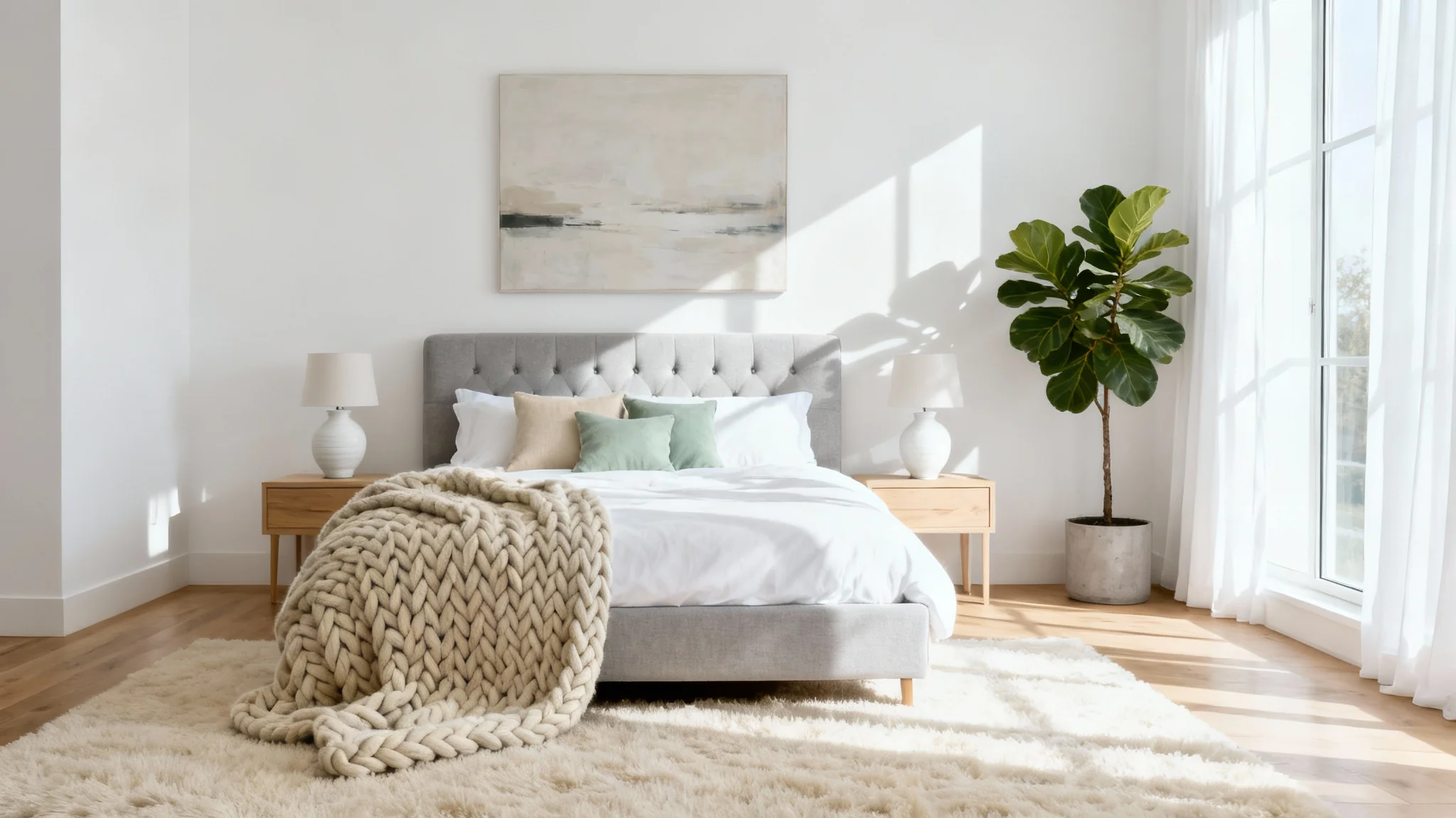 A photorealistic mockup of a serene and modern bedroom design, featuring a well-made bed with neutral-toned pillows, large windows with natural light, and minimalist furniture against clean white walls.