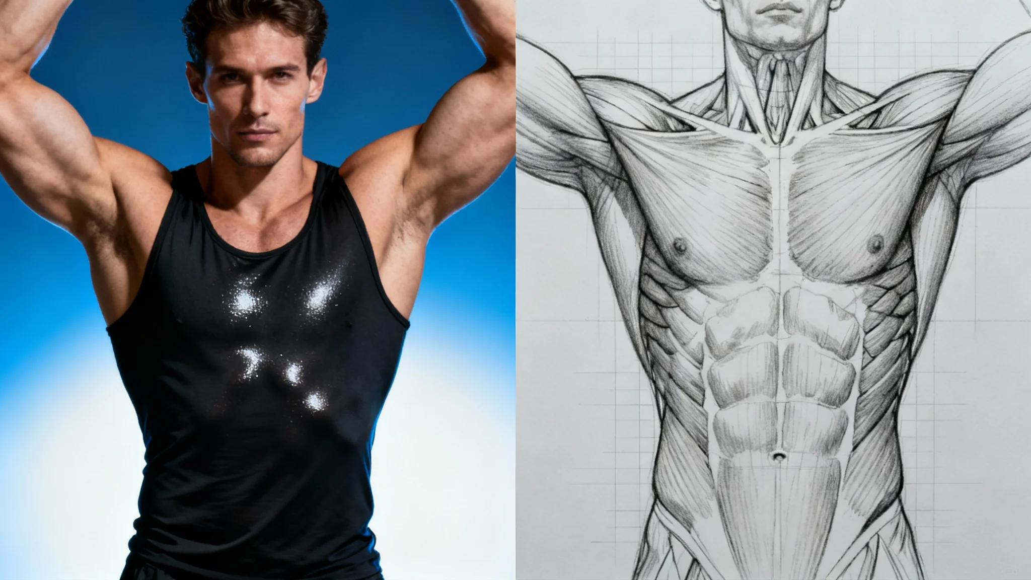 A split-screen comparison showing a photo of a muscular man's torso on the left and a detailed anatomical reference drawing of it on the right, demonstrating the output of an art reference tool.