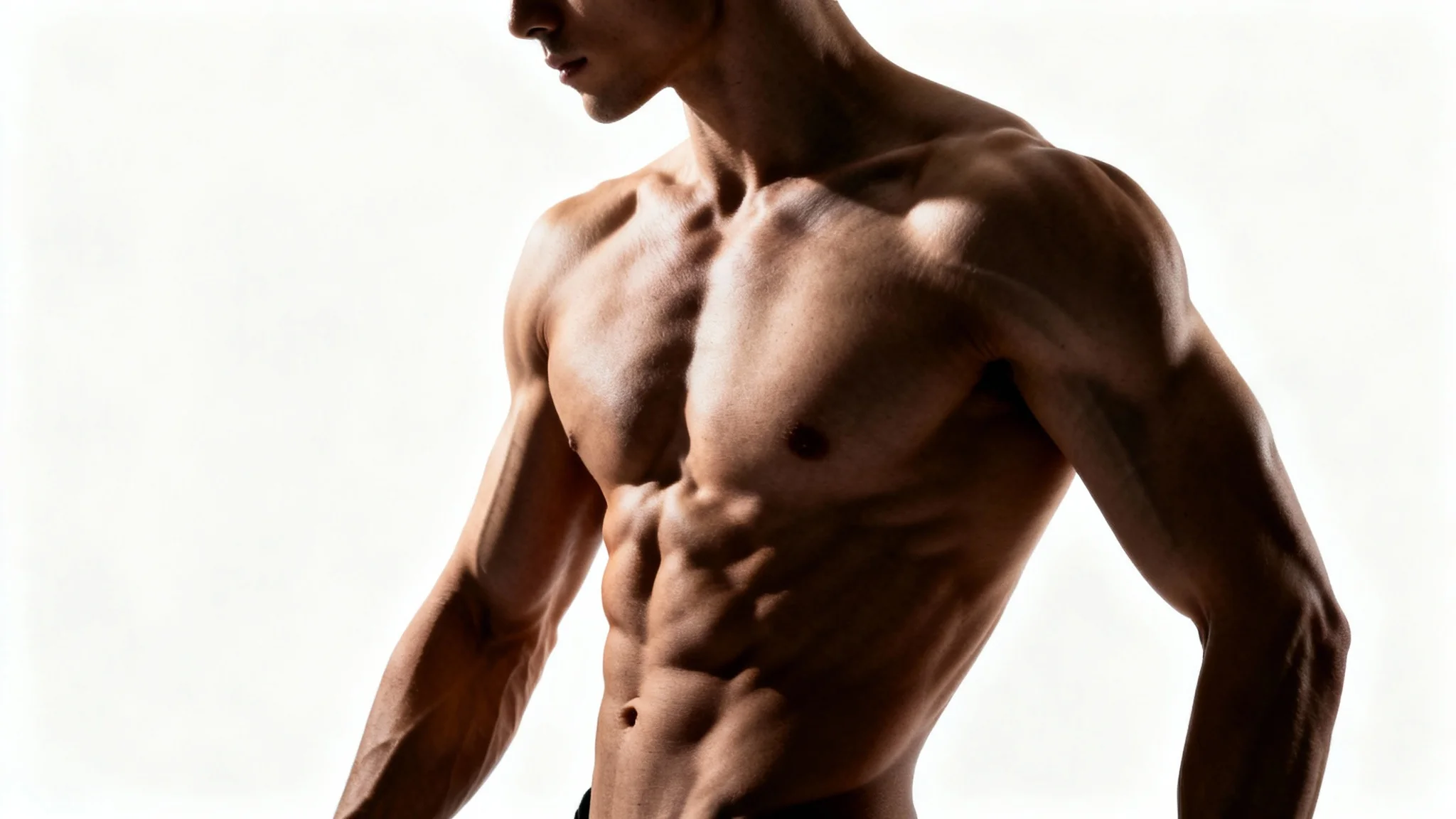 A hyperrealistic image of an athletic male torso in a three-quarter view against a white background, with dramatic lighting accentuating the muscle definition for artistic reference.