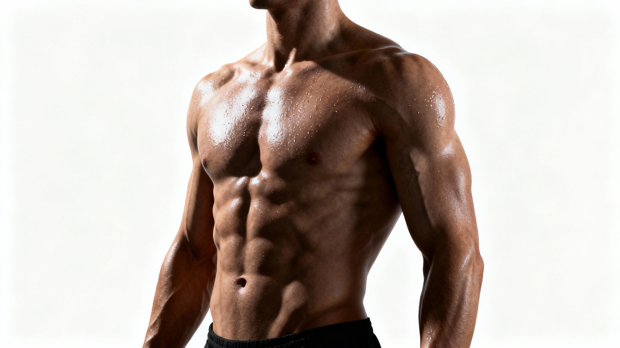 A hyper-realistic anatomical reference image of a muscular male torso against a solid white background, with dramatic lighting highlighting the definition of the chest and abdominal muscles.