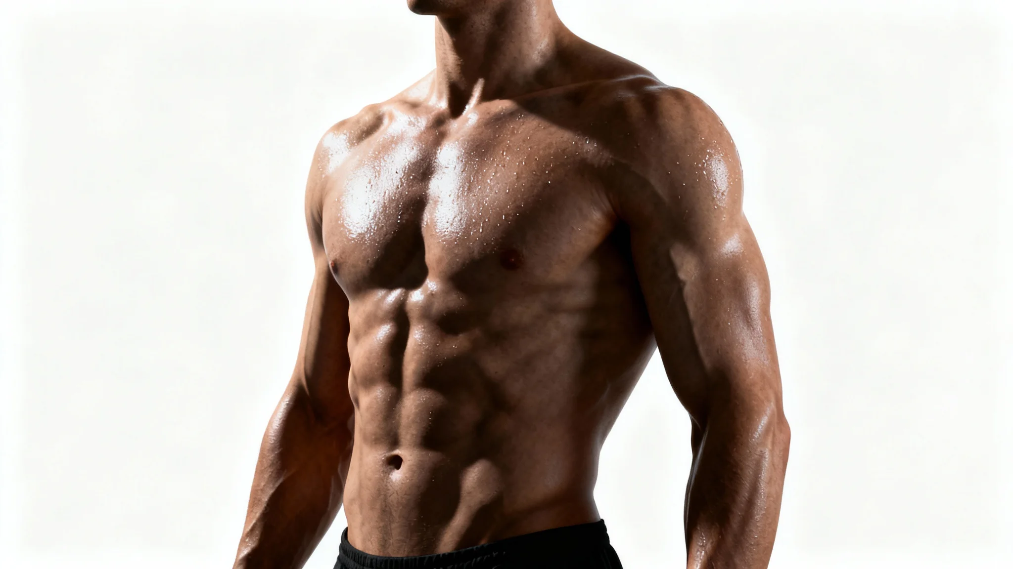 A hyper-realistic anatomical reference image of a muscular male torso against a solid white background, with dramatic lighting highlighting the definition of the chest and abdominal muscles.