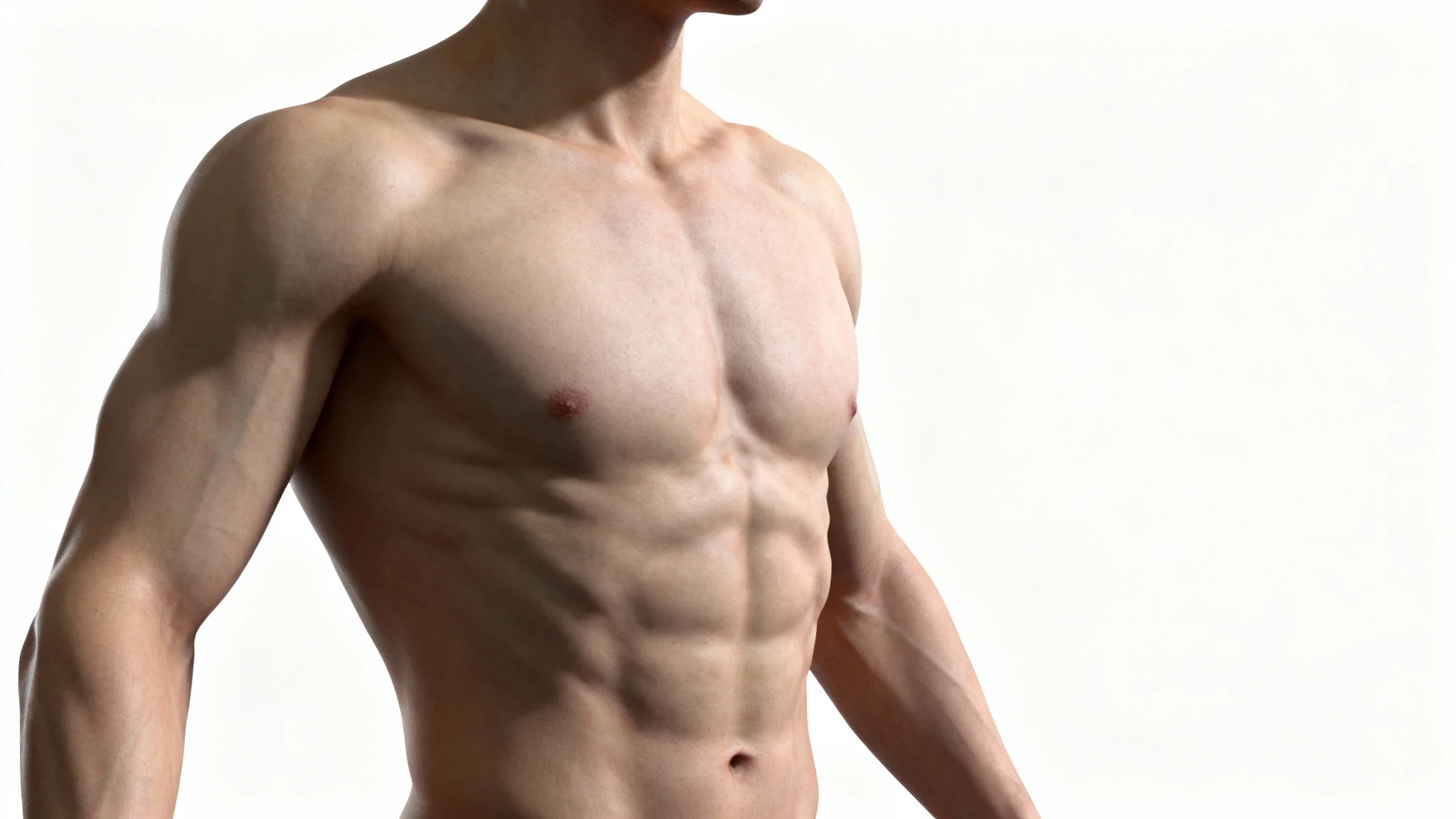 A hyper-realistic 3D anatomical reference model of a muscular male torso, highlighting detailed muscle structure against a clean white background.