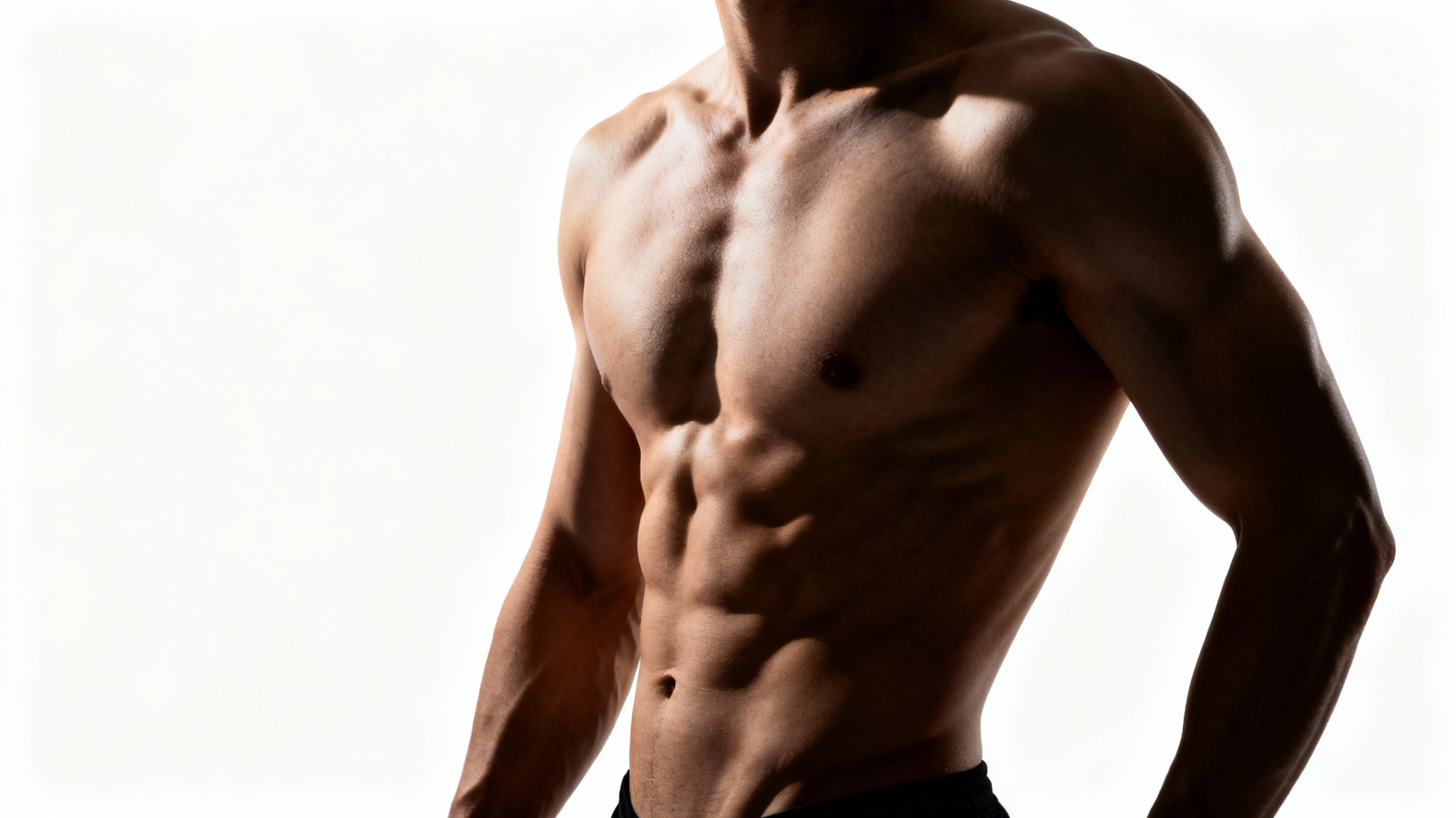 A detailed anatomical reference image of a muscular male torso against a plain white background, with dramatic side lighting that highlights the definition of the chest and abdominal muscles.