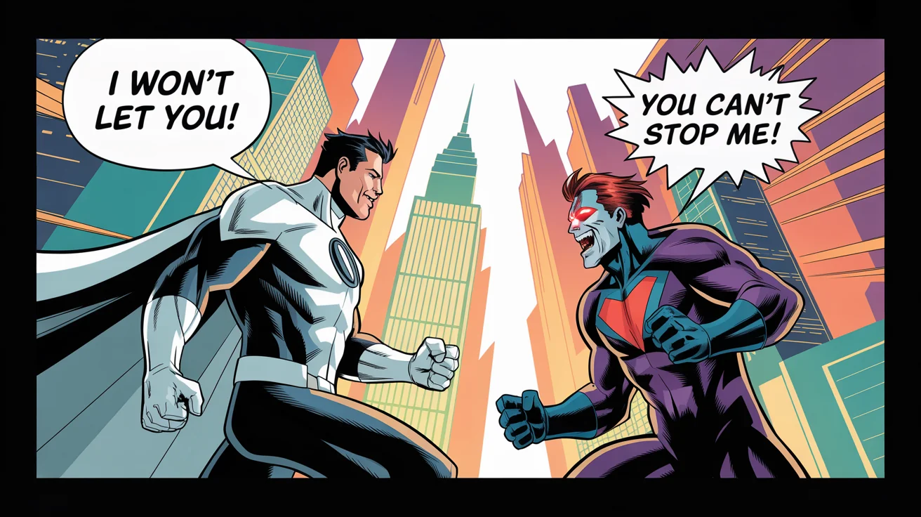 A colorful comic book panel showing a hero and a villain facing off, with perfectly placed speech bubbles above their heads demonstrating a comic creation tool's final result.
