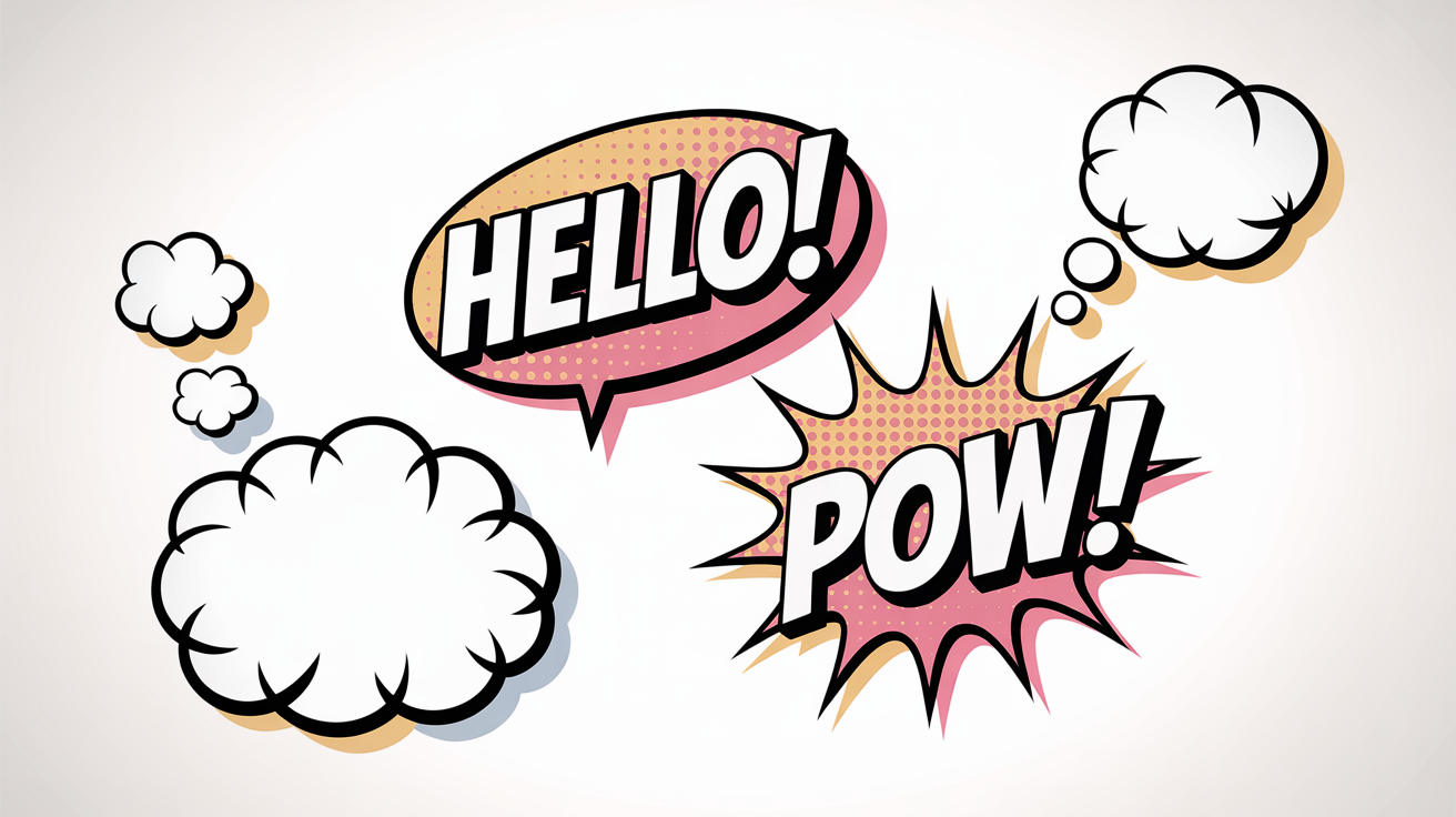 A colorful collection of various comic book speech bubbles on a white background, including an oval bubble with 'HELLO!' and a spiky bubble with 'POW!'.
