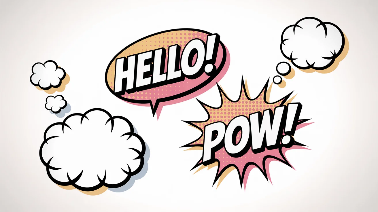A colorful collection of various comic book speech bubbles on a white background, including an oval bubble with 'HELLO!' and a spiky bubble with 'POW!'.