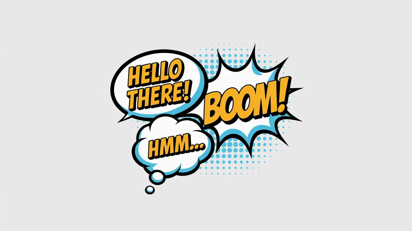 A colorful pop art mockup of various comic book speech bubbles against a white background, including a yellow one that says 'HELLO THERE!' and a spiky one that says 'BOOM!'.