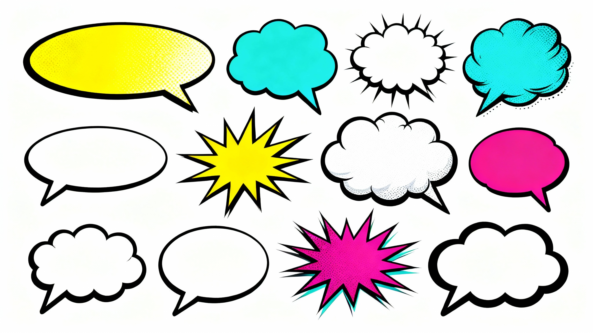 A colorful collection of empty comic book speech bubbles and thought bubbles in various shapes and vibrant colors, arranged dynamically against a plain white background.