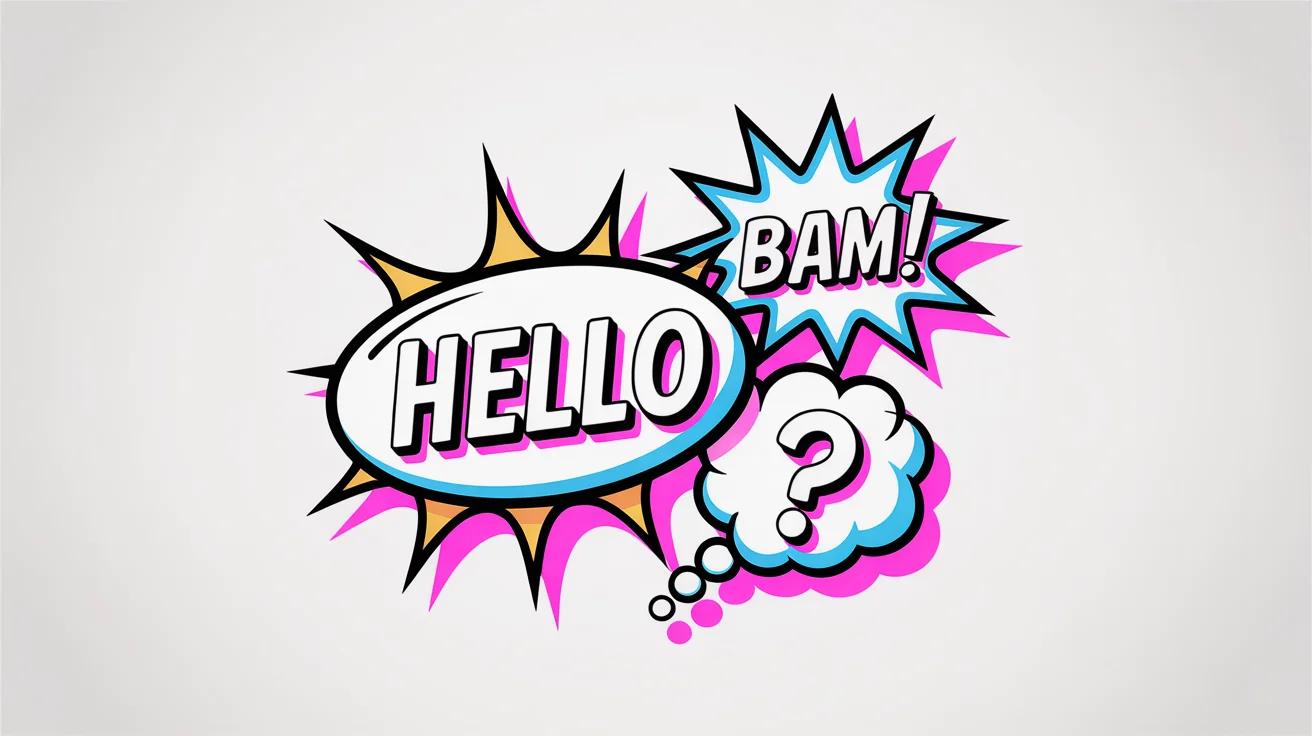 A collection of colorful, pop art style comic book speech bubbles on a white background, including one shaped like an explosion with the word 'BAM!'.