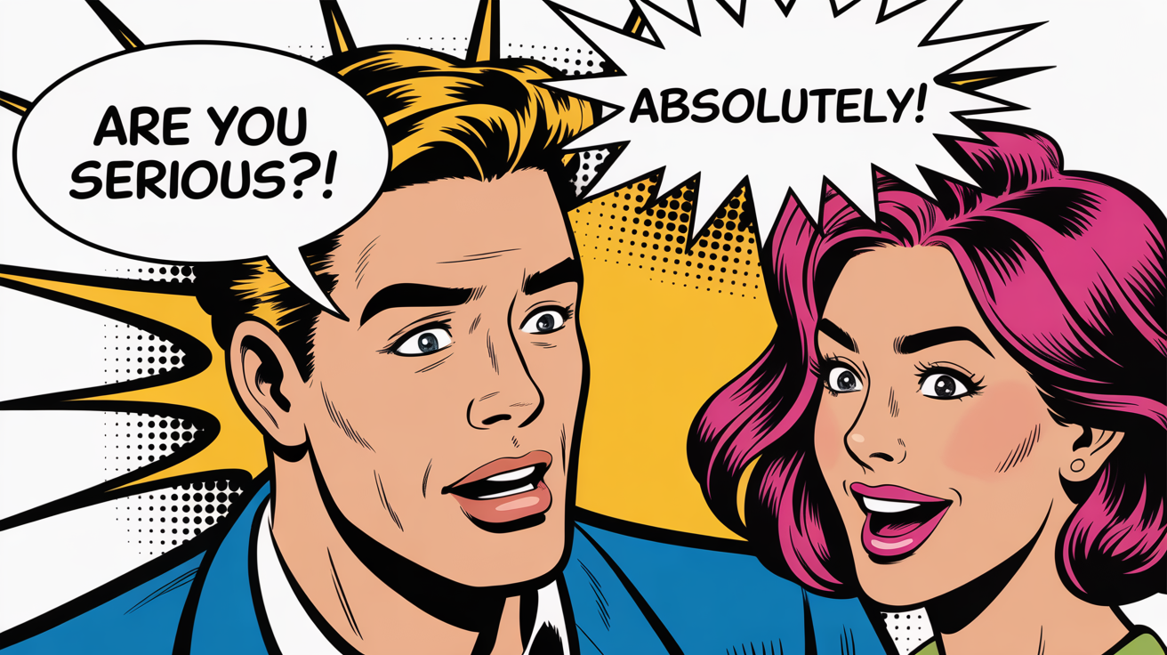 A vibrant comic book style illustration showing a man and a woman in conversation. The man's speech bubble says 'Are you serious?!' and the woman's explosive speech bubble says 'Absolutely!', all on a white background.