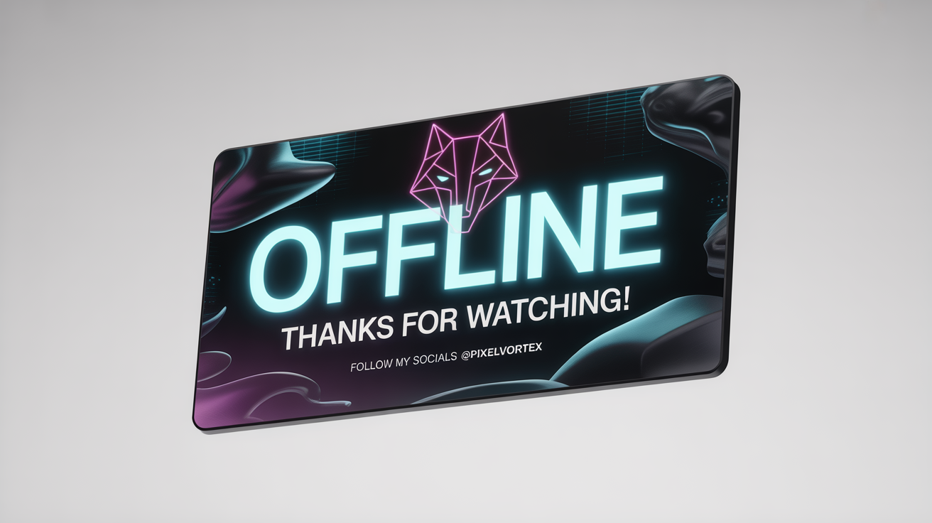 A mockup of a futuristic stream offline banner against a white background, featuring neon text that reads 'OFFLINE' and 'THANKS FOR WATCHING!' over a dark, high-tech design with a geometric wolf logo.