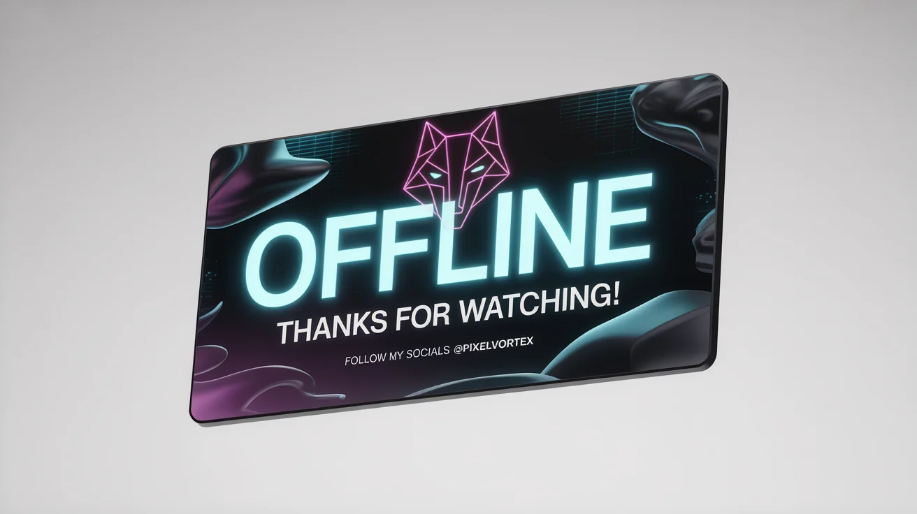 A mockup of a futuristic stream offline banner against a white background, featuring neon text that reads 'OFFLINE' and 'THANKS FOR WATCHING!' over a dark, high-tech design with a geometric wolf logo.