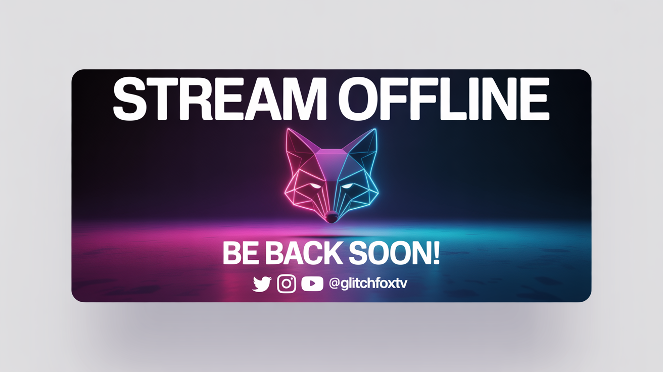 A mockup of a futuristic stream offline banner for a channel named 'GlitchFoxTV', featuring a glowing geometric fox logo and the text 'STREAM OFFLINE' on a dark blue and purple background, all displayed against a plain white surface.