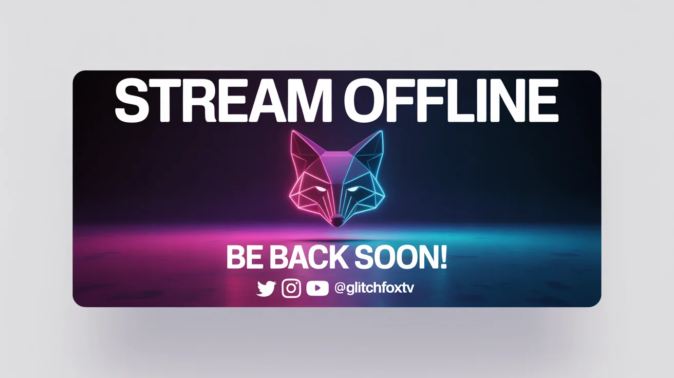 A mockup of a futuristic stream offline banner for a channel named 'GlitchFoxTV', featuring a glowing geometric fox logo and the text 'STREAM OFFLINE' on a dark blue and purple background, all displayed against a plain white surface.
