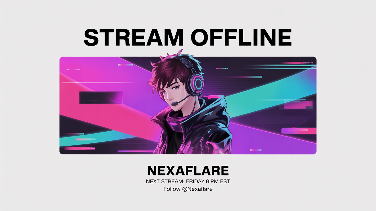 A mockup of a futuristic, cyberpunk-themed stream offline banner for a streamer named 'NEXAFLARE', featuring an anime-style character and neon text on a white background.