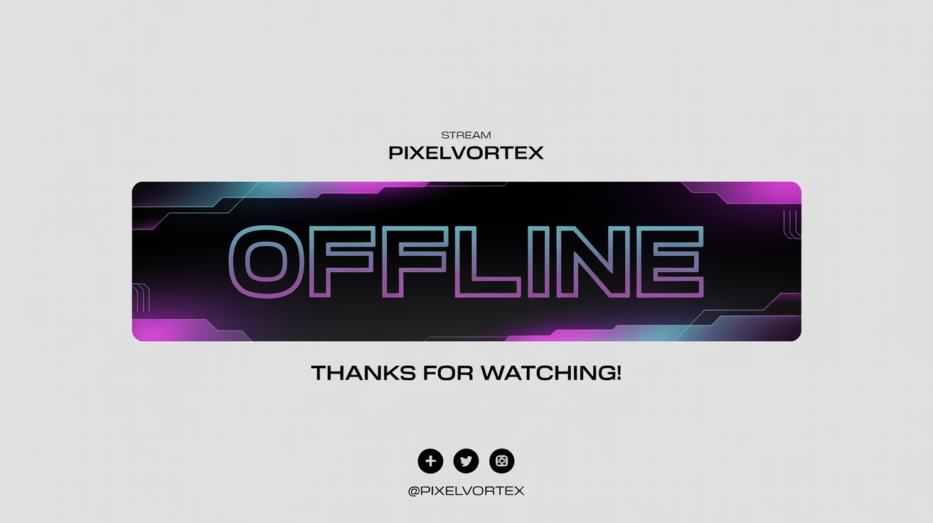 A futuristic, dark-themed stream offline banner with the word 'OFFLINE' in glowing neon letters, presented as a mockup on a white background.